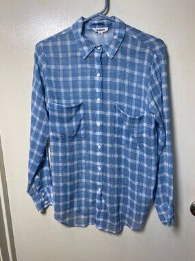 BB Dakota Blue White Plaid Button Front Blouse Womens Small Sheer Lightweight